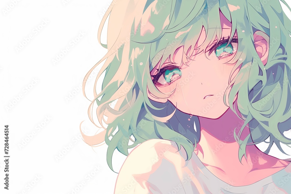 Beautiful Anime Girl With Pale Green Color Hair On White Background