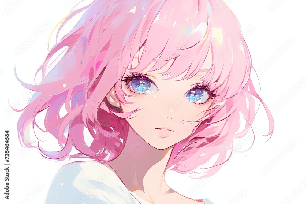Beautiful Anime Girl With Pink Hair On White Background