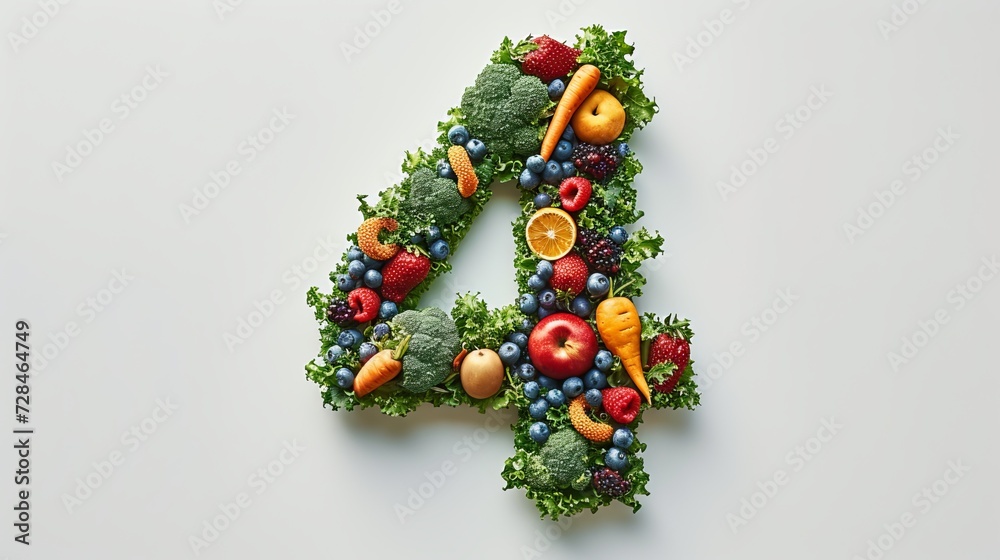 Vibrant number 4 made of fresh fruits and vegetables on white background, creating a healthy concept