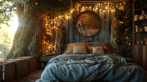Step into an enchanted forest-inspired bedroom, where tree trunk bedposts, fairy lights, and woodland motifs create a dreamy and magical sleeping sanctuary. 