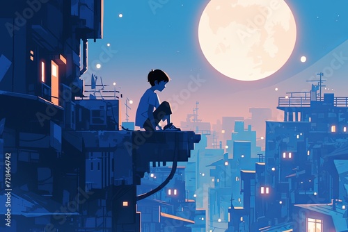 Captivating Illustration Of Boy Gazing At The Moon Amidst Urban Darkness