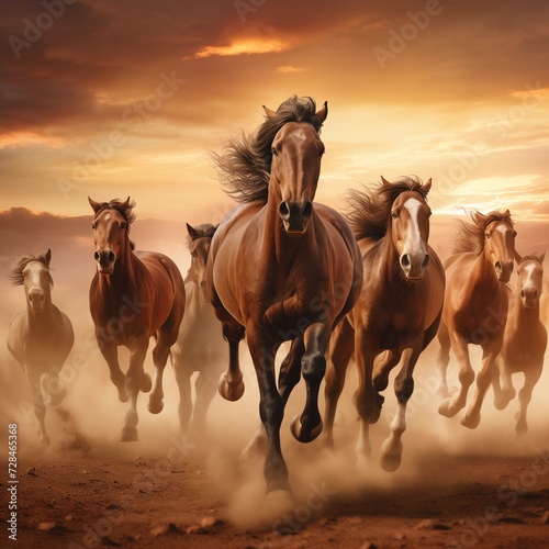 a majestic horse herd   bathed in the warm  golden hues of a sunset.