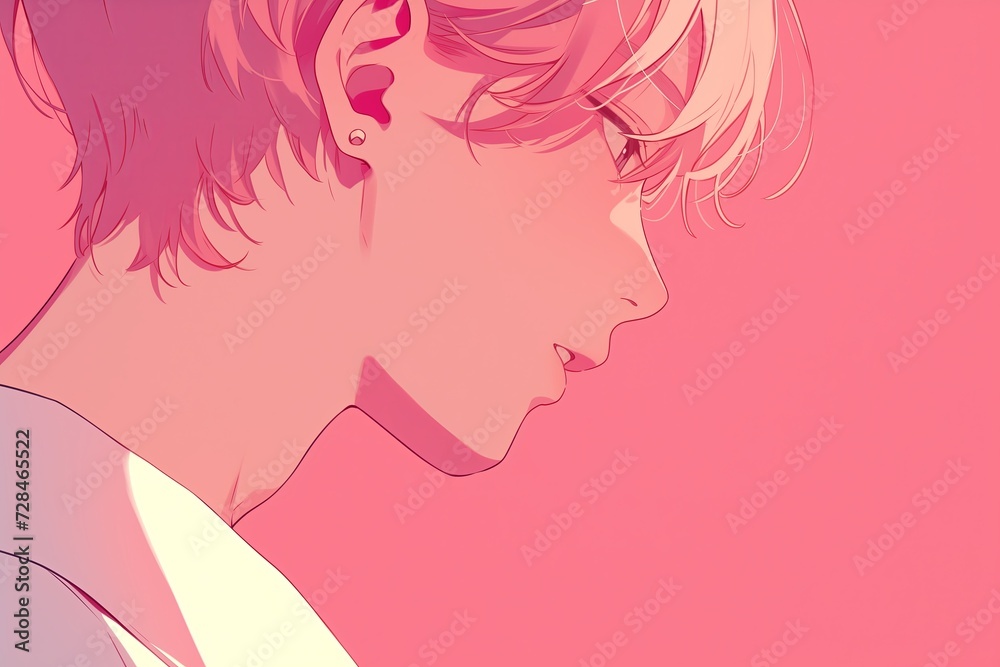Handsome Anime Boy In Profile On Pastel Pink Color Background