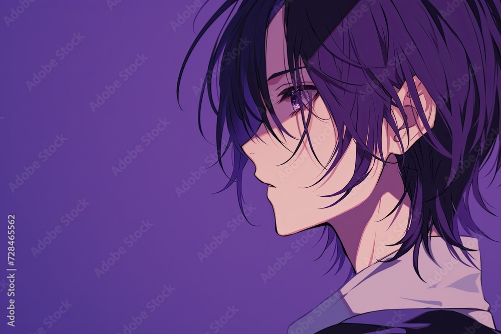 Handsome Anime Boy In Profile On Purple Background Handsome Anime Boy In Profile On Purple Background