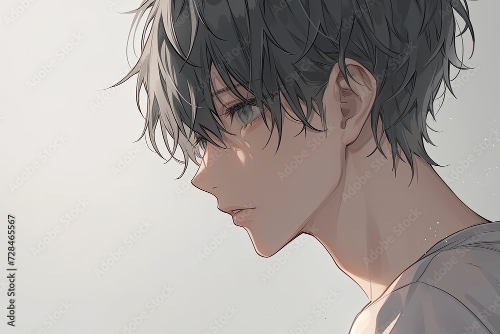Naklejka premium Handsome Anime Boy In Profile On Silver Background