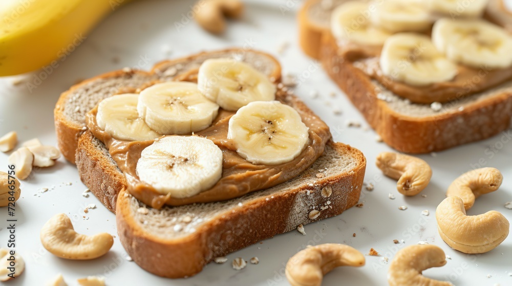 Toast with nut butter, banana slices and cashews on white table, closeup Toast with nut butter, banana slices and cashews on white table, closeup