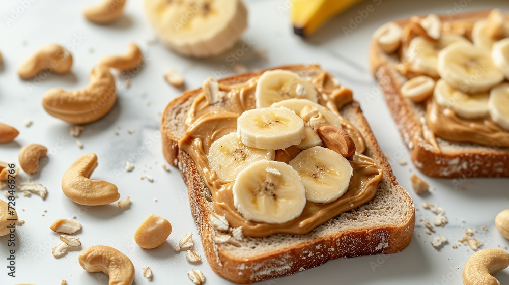 Toast with nut butter, banana slices and cashews on white table, closeup
