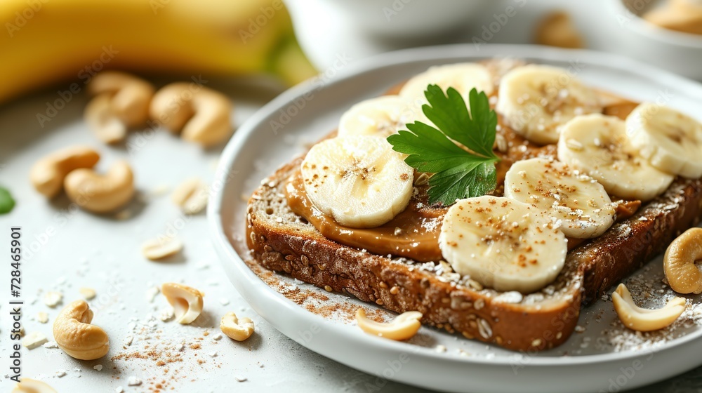 Toast with nut butter, banana slices and cashews on white table, closeup Toast with nut butter, banana slices and cashews on white table, closeup