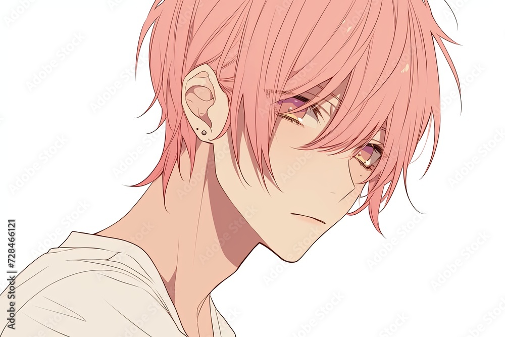 Handsome Anime Boy With Coral Color Hair On White Background