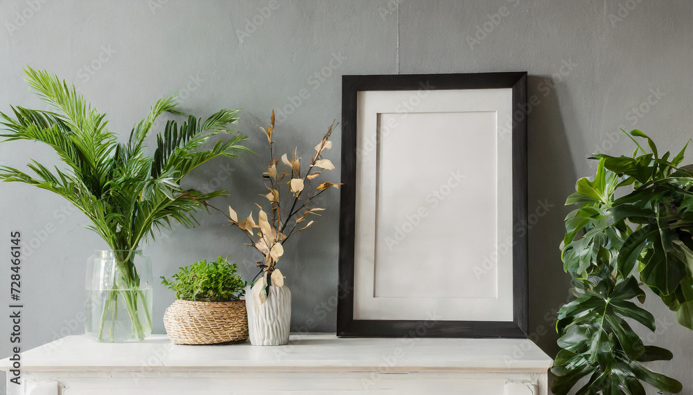 Black frame leaning on white shelve in bright interior with plants and decorations mockup 3D rendering Black frame leaning on white shelve in bright interior with plants and decorations mockup 3D rendering