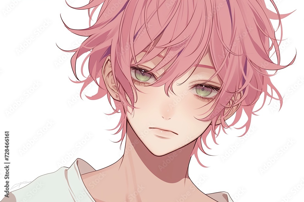 Handsome Anime Boy With Dusty Rose Color Hair On White Background Handsome Anime Boy With Dusty Rose Color Hair On White Background