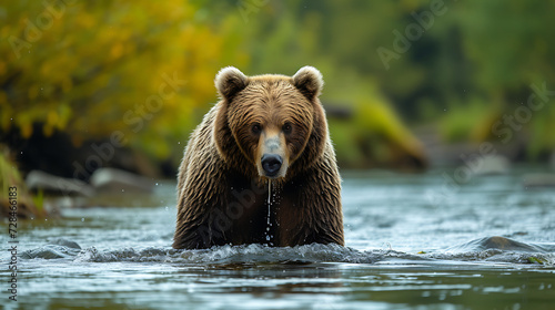 a bear feeding on salmon in a river  forest background photo