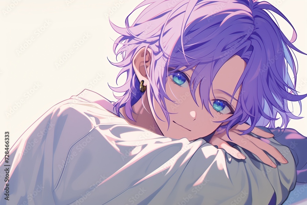Handsome Anime Boy With Pale Purple Color Hair On White Background