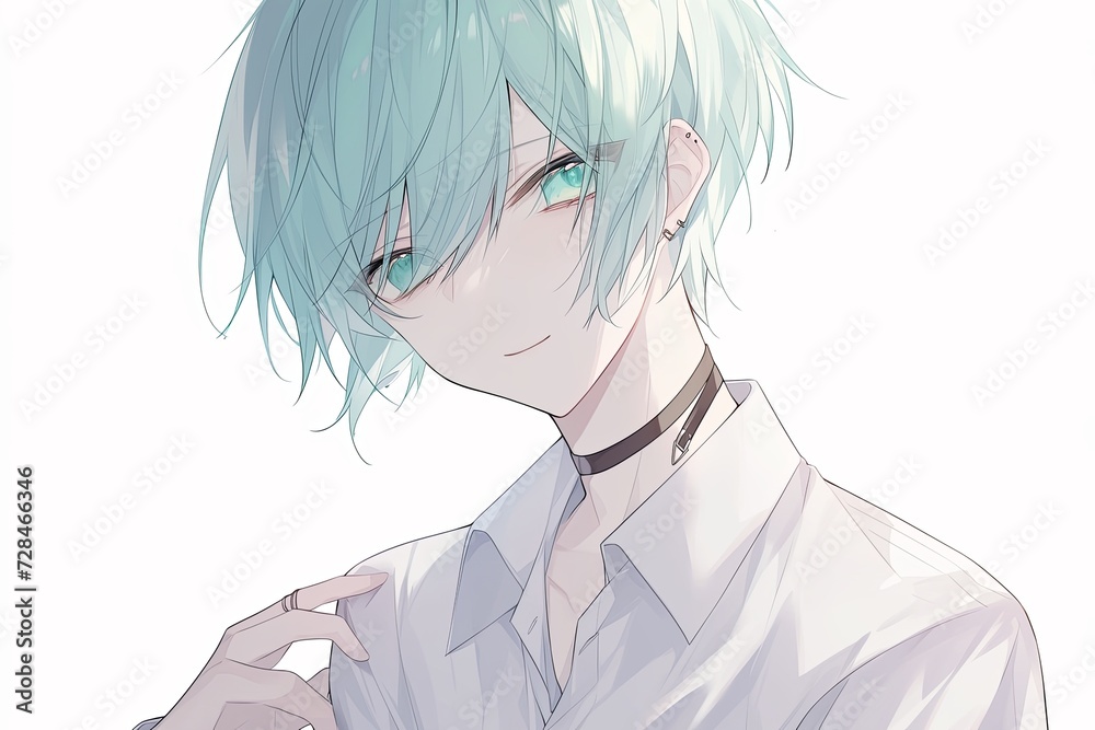 Handsome Anime Boy With Pale Turquoise Color Hair On White Background Handsome Anime Boy With Pale Turquoise Color Hair On White Background