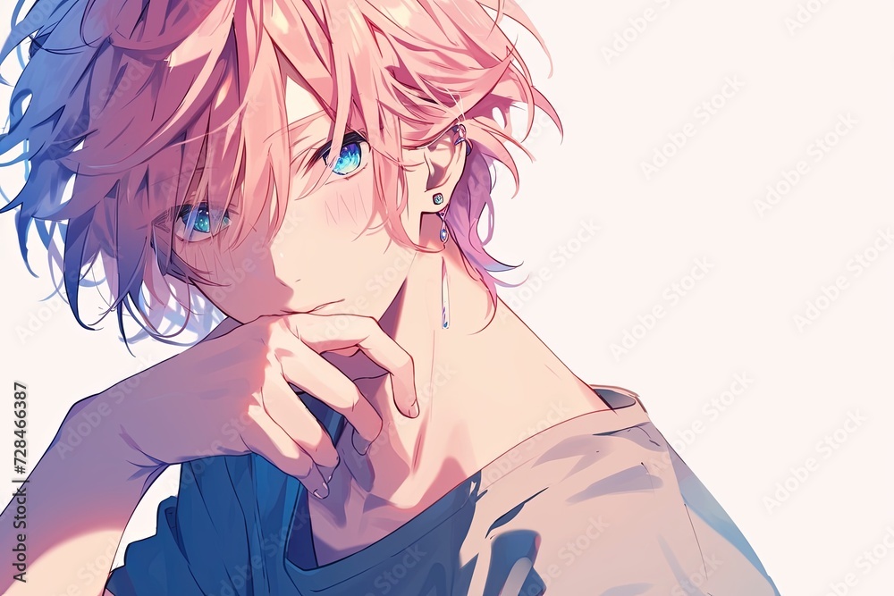 Handsome Anime Boy With Peach Color Hair On White Background Handsome Anime Boy With Peach Color Hair On White Background