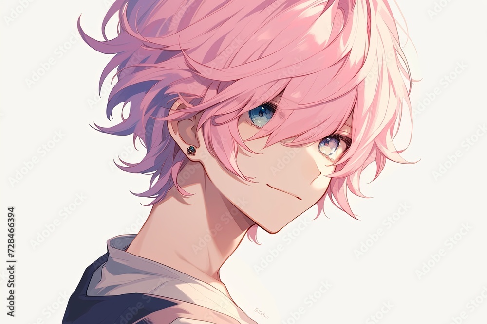 Handsome Anime Boy With Pastel Pink Color Hair On White Background Handsome Anime Boy With Pastel Pink Color Hair On White Background