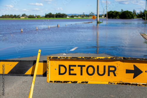 Detour signs blocking a flooded roadway photo