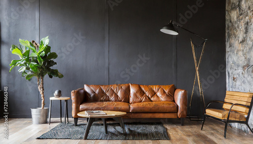 Black living room interior with leather sofa, minimalist industrial style, 3d render