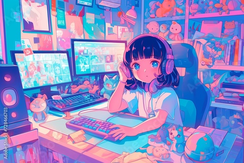 Lofiinspired Girl Immersed In An Animethemed Bedroom With Colorful Surroundings photo