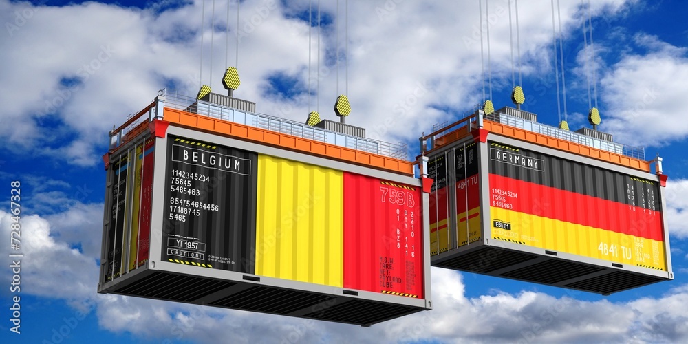 Shipping containers with flags of Belgium and Germany - 3D illustration