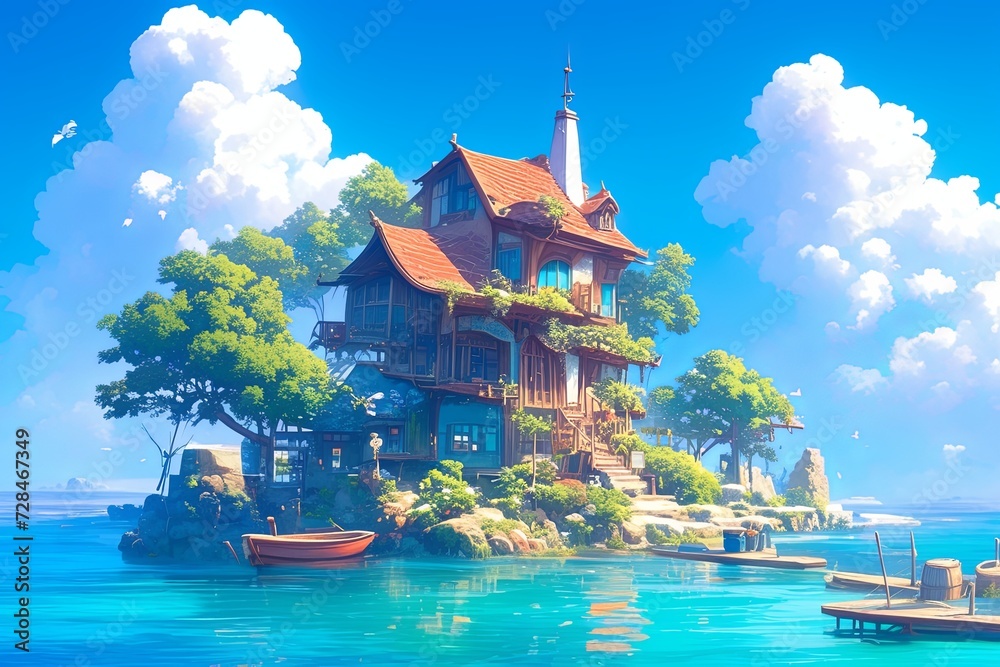Obraz premium Scenic Artwork Of Whimsical Island With An Animeinspired House