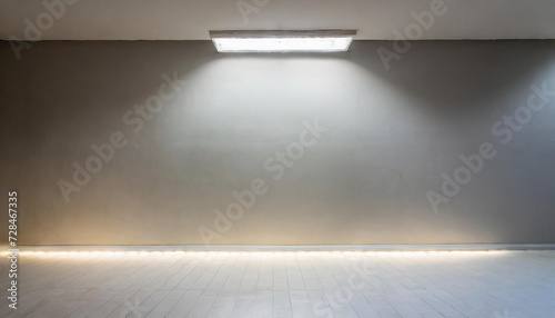 Blank light wall and white floor in empty hall room with led light on top. Mockup