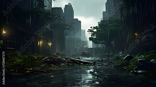 Post-apocalyptic cityscape with ruins and rain falling over them