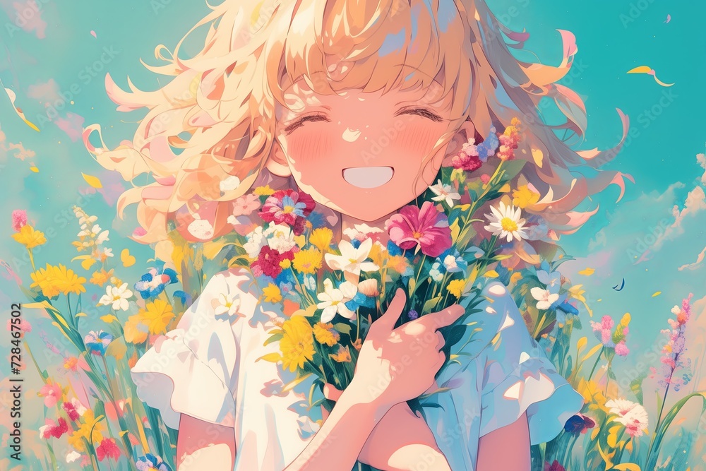 Smiling Blonde Anime Girl Surrounded By Flowers Exudes Youthful Charm Smiling Blonde Anime Girl Surrounded By Flowers Exudes Youthful Charm
