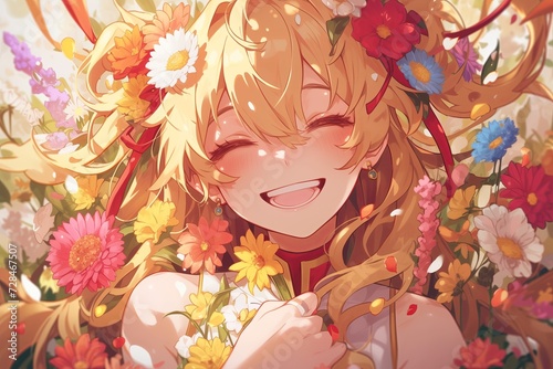 Smiling Blonde Anime Girl Surrounded By Flowers Exudes Youthful Charm