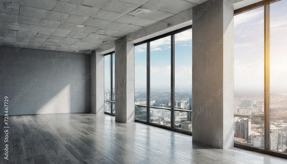 Blank wall in bright concrete office with large windows Mockup 3D rendering Blank wall in bright concrete office with large windows Mockup 3D rendering