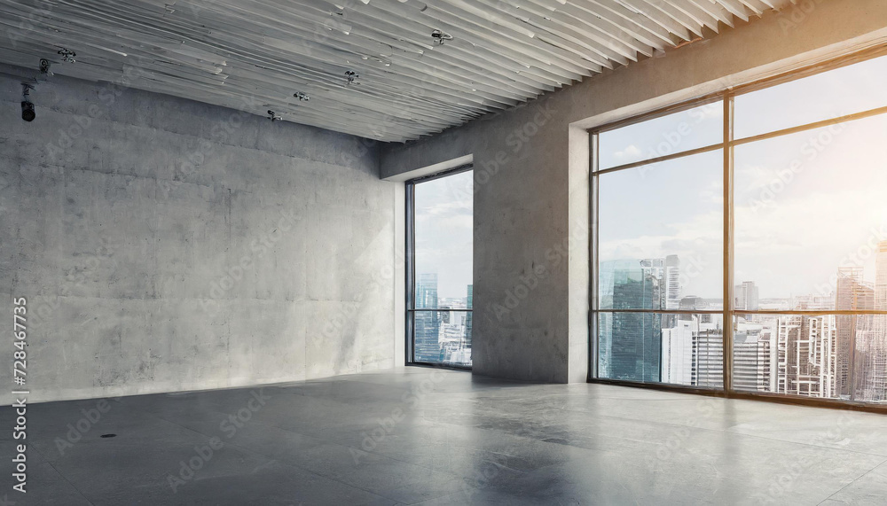 Blank wall in bright concrete office with large windows Mockup 3D rendering