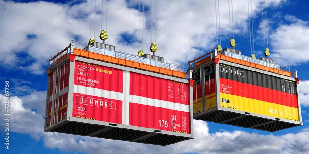 Shipping containers with flags of Denmark and Germany - 3D illustration