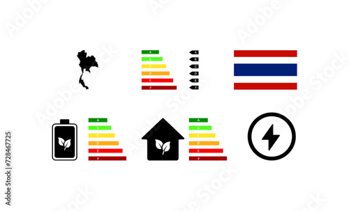 Letter rating icon. National flag of Thailand. Battery, house and lightning icon. Flat style