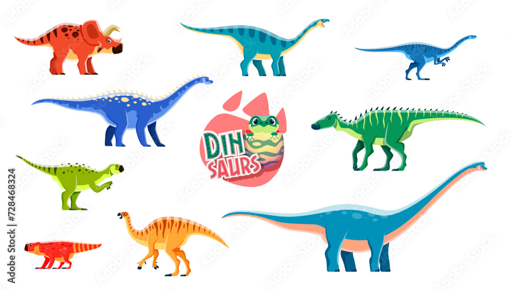 Cartoon cute and funny dinosaurs characters. Paleontology extinct reptiles. Camptosaurus, Lufengosaurus, Psittacosaurus and Arrhinoceratops, Coloradisaurus, Bagaceratops dinosaur vector personages Cartoon cute and funny dinosaurs characters. Paleontology extinct reptiles. Camptosaurus, Lufengosaurus, Psittacosaurus and Arrhinoceratops, Coloradisaurus, Bagaceratops dinosaur vector personages