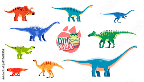 Cartoon cute and funny dinosaurs characters. Paleontology extinct reptiles. Camptosaurus, Lufengosaurus, Psittacosaurus and Arrhinoceratops, Coloradisaurus, Bagaceratops dinosaur vector personages