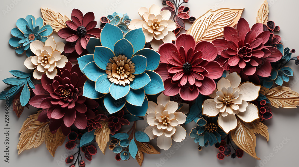 3d Flowers Sublimation, Burgundy, Turquoise, Gold, Wrap, Pastel, 3D Flowers Sublimation for Versatile Creations, flowers on a wooden background, bouquet of colorful roses, Created using generative AI
