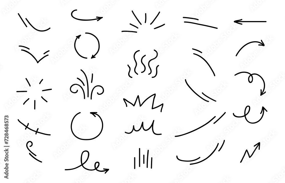 © Vector Tradition - Movement motion lines and arrow curves for cartoon effect, vector icons. Abstract symbols of wind blow, fire or wave motion lines of wavy, circle round or spiral doodle scribble of sun shine