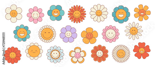 Retro groovy daisy and sunflower flowers or cute happy characters, cartoon vector. Funny chamomile or daisy flower face emotions and emoticons, happy hippie camomile laughing with colorful petals