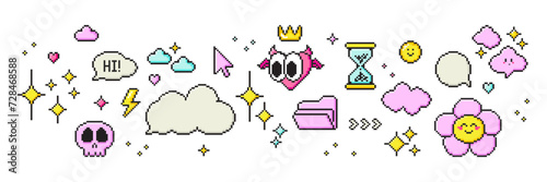 Set of pixel art speech bubbles, stars, heart and cloud shapes. Retro game style dialogue box and elements. Modern vector illustration. photo
