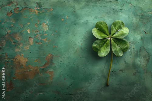 Four-leaf green clover for good luck on St. Patrick's Day, bright green background, holiday concept of spring, plant clover symbol.