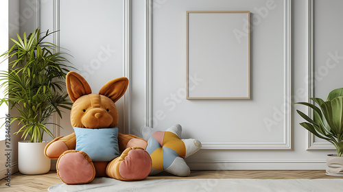 a bright children room with a simple blank wall and one empty picture frame with white background