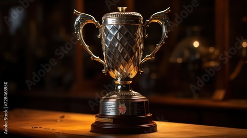 hyperrealistic portrayal of a championship cup, featuring detailed textures of the trophy, reflective surfaces, and the essence of winning