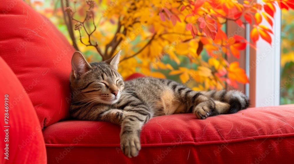Tranquil and adorable lazy cat enjoying a peaceful nap on a cozy and inviting couch