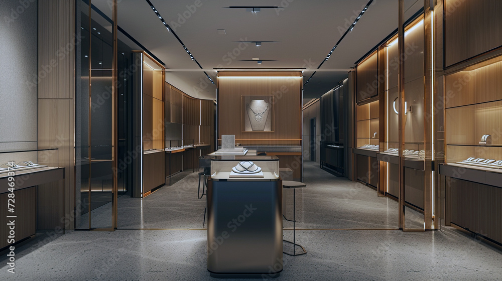 A designer jewelry boutique with a secure, vault-like entrance and discreet, luxury branding 