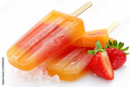 Orange and strawberry popsicles isolated on white background.