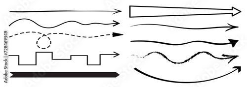 Straight long arrows isolated vector set. Monochrome pointing signs, curve, wavy, dotted and grungy pointers or cursors, creating a dynamic visual impact for direction and movement