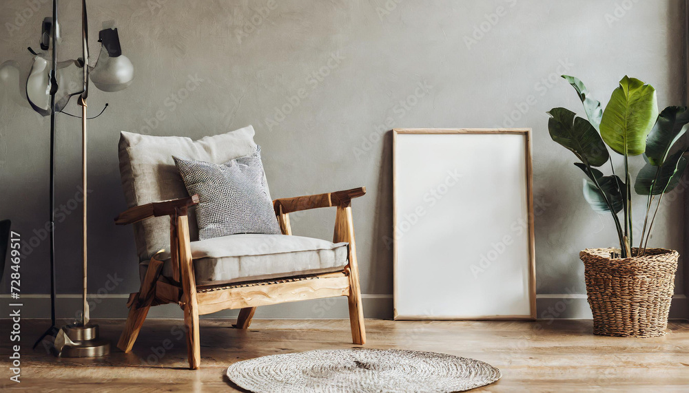 Canvas mockup in minimalist interior background with armchair and rustic decor, 3d render Canvas mockup in minimalist interior background with armchair and rustic decor, 3d render