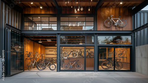 A high-end bicycle shop with a modern, industrial facade and custom bike displays 