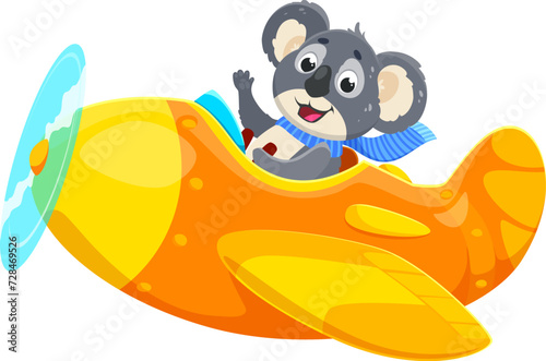 Baby animal character on plane. Cartoon animal koala kid airplane pilot. Isolated vector adorable cub gleefully navigates a miniature aeroplane, spreading joy and cuteness through the fluffy skies