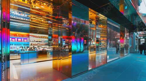 A high-end cosmetics shop with a glossy, mirrored exterior reflecting the vibrant street life 